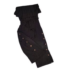 Y2K Black Strapless Button Wide Leg Cropped Rayon Jumpsuit Large